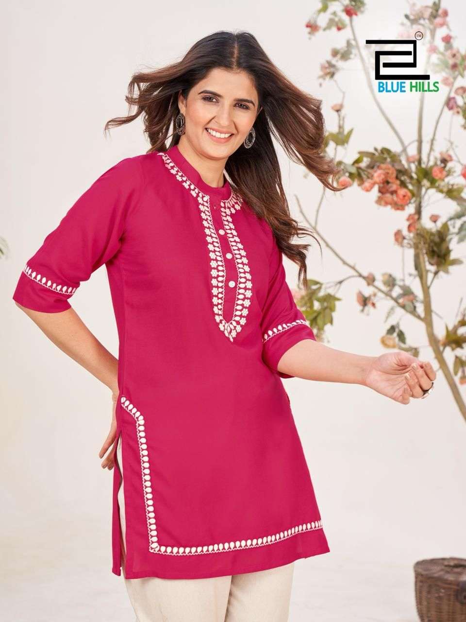 Blue Hills Swiss Rayon Embroidered Short Kurti Collection