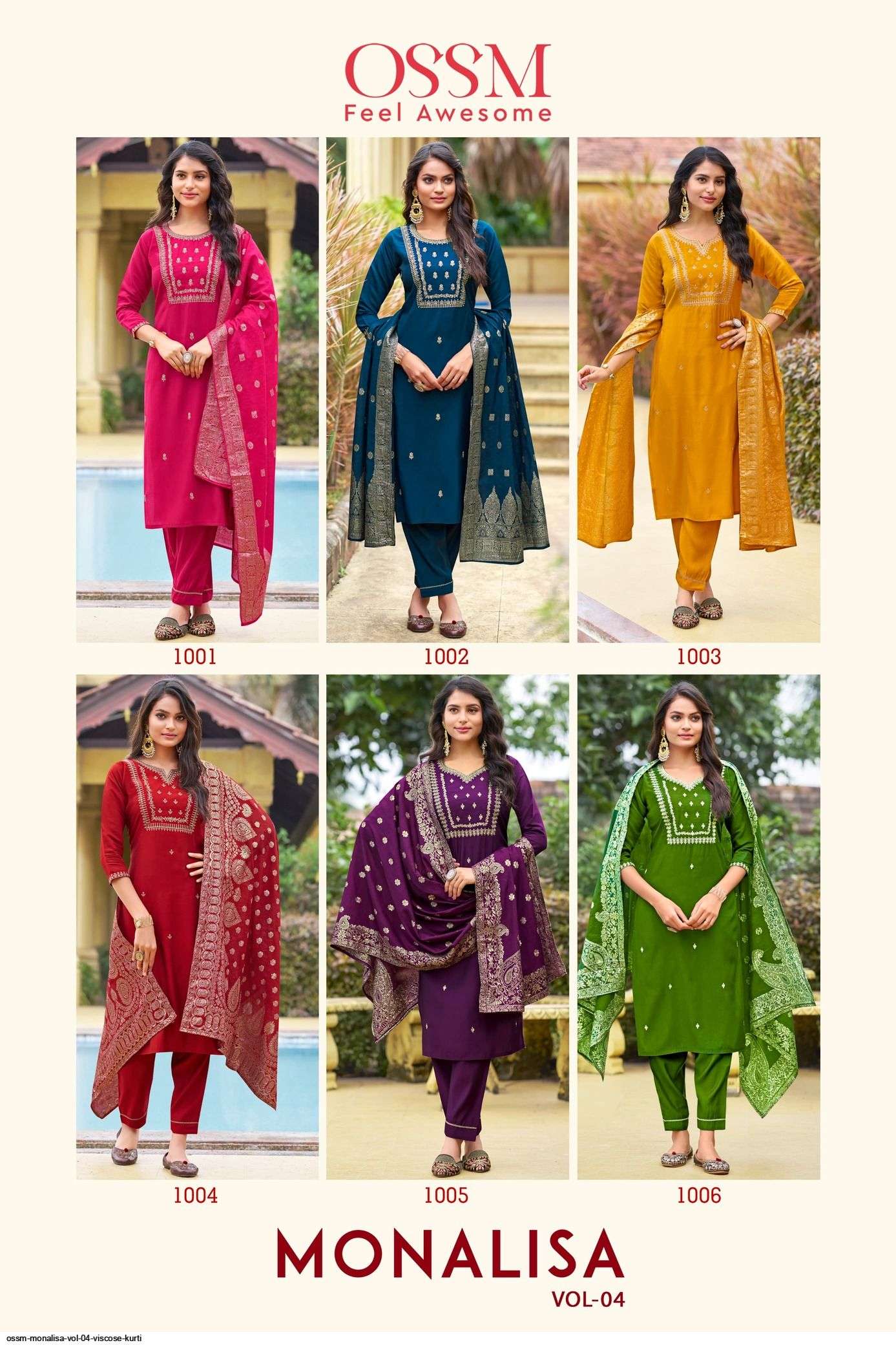 OSSM MONALISA VOL 04 VISCOSE KURTI PANT DUPATTA SET WHOLESALE